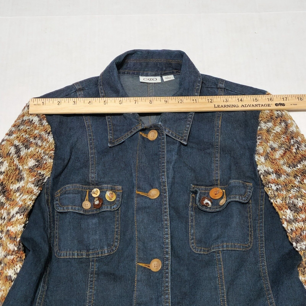 Denim Jacket Knit Long Sleeves Buttons Eclectic Bohemian Retro Thick Stitch L - Picture 6 of 12
